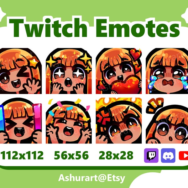 Cute Chibi Girl Twitch, YouTube, Discord Emote Pack / Straight Ginger Red Hair, Bangs, Brown Eyes, Tan Skin / Kawaii, Anime, Stream Set