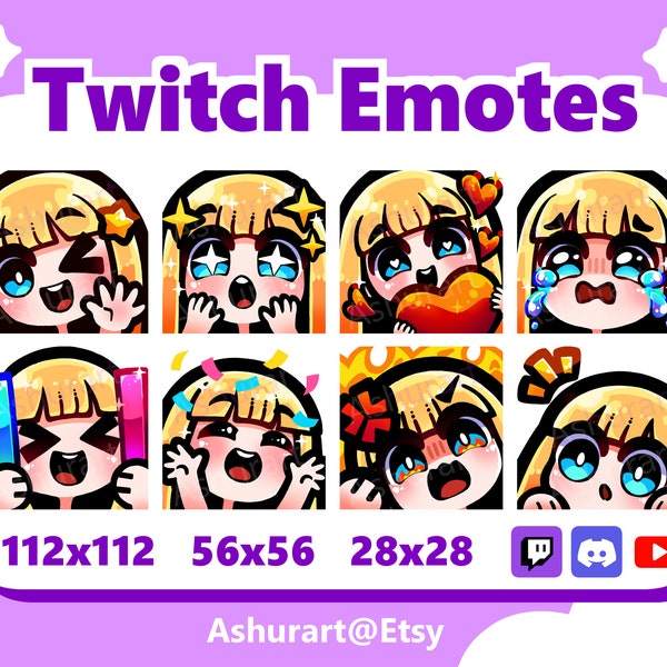 Cute Chibi Girl Twitch, YouTube, Discord Emote Pack / Straight Blond Hair, Bangs, Blue Eyes, Fair Skin / Kawaii, Anime, Premade Stream Set