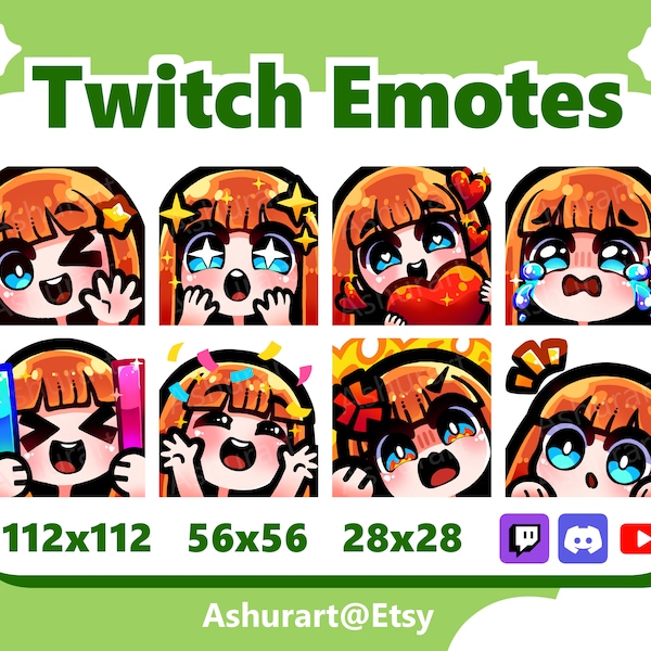 Cute Chibi Girl Twitch, YouTube, Discord Emote Pack / Straight Ginger Red Hair, Bangs, Blue Eyes, Fair Skin / Kawaii, Anime, Stream Set