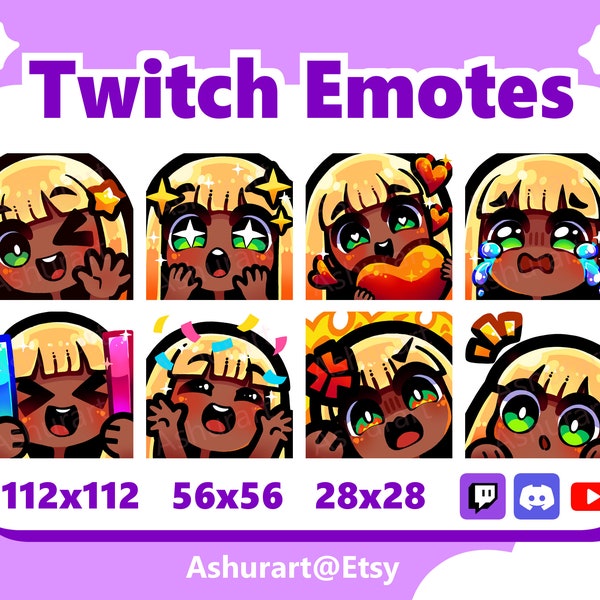 Cute Chibi Girl Twitch, YouTube, Discord Emote Pack / Straight Blond Hair, Bangs, Green Eyes, Dark Skin / Kawaii, Anime, Premade Stream Set