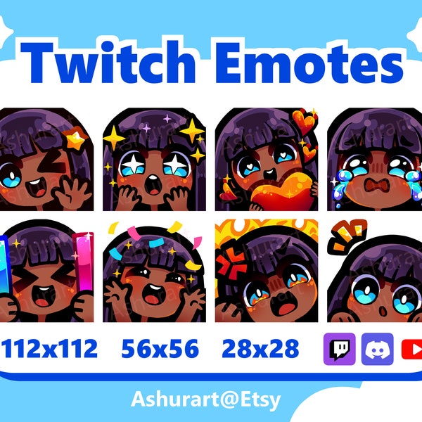 Cute Chibi Girl Twitch, YouTube, Discord Emote Pack / Straight Black Hair, Bangs, Blue Eyes, Dark Skin / Kawaii, Anime, Premade Stream Set