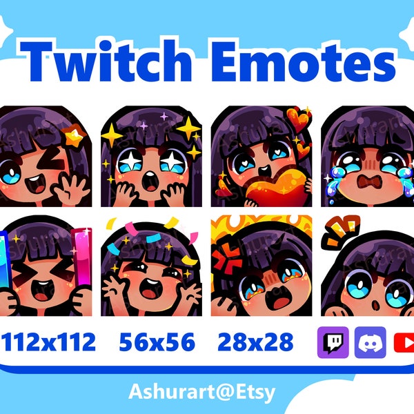 Cute Chibi Girl Twitch, YouTube, Discord Emote Pack / Straight Black Hair, Bangs, Blue Eyes, Tan Skin / Kawaii, Anime, Premade Stream Set