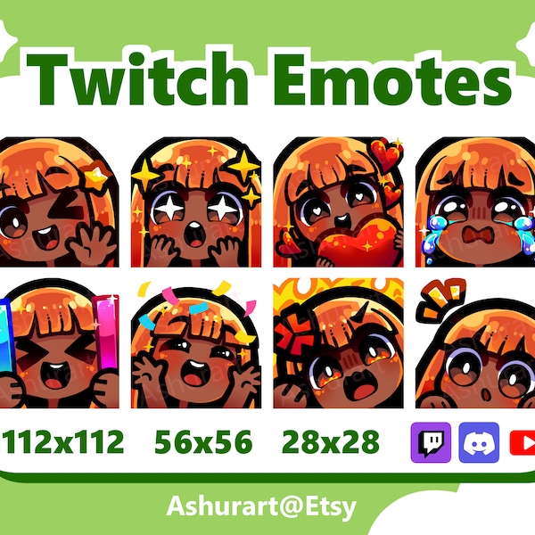 Cute Chibi Girl Twitch, YouTube, Discord Emote Pack / Straight Ginger Red Hair, Bangs, Brown Eyes, Dark Skin / Kawaii, Anime, Stream Set