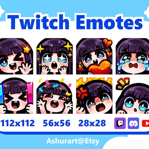 Cute Chibi Girl Twitch, YouTube, Discord Emote Pack / Straight Black Hair, Bangs, Blue Eyes, Fair Skin / Kawaii, Anime, Premade Stream Set