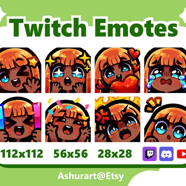 Cute Chibi Girl Twitch, YouTube, Discord Emote Pack / Straight Ginger Red Hair, Bangs, Blue Eyes, Dark Skin / Kawaii, Anime, Stream Set