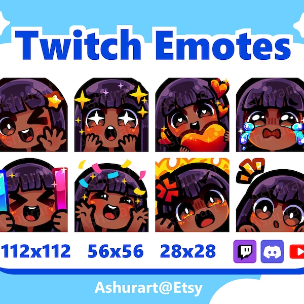 Cute Chibi Girl Twitch, YouTube, Discord Emote Pack / Straight Black Hair, Bangs, Brown Eyes, Dark Skin / Kawaii, Anime, Premade Stream Set