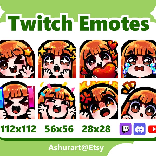 Cute Chibi Girl Twitch, YouTube, Discord Emote Pack / Straight Ginger Red Hair, Bangs, Brown Eyes, Fair Skin / Kawaii, Anime, Stream Set