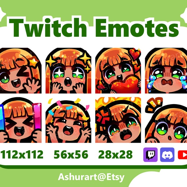 Cute Chibi Girl Twitch, YouTube, Discord Emote Pack / Straight Ginger Red Hair, Bangs, Green Eyes, Tan Skin / Kawaii, Anime, Stream Set