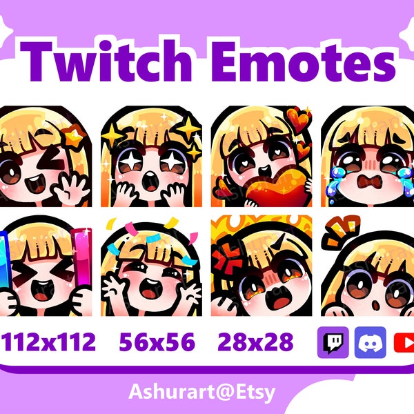 Cute Chibi Girl Twitch, YouTube, Discord Emote Pack / Straight Blond Hair, Bangs, Brown Eyes, Fair Skin / Kawaii, Anime, Premade Stream Set