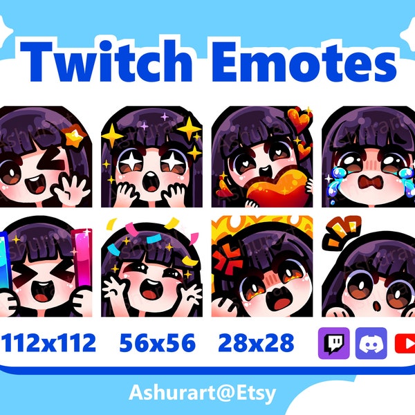 Cute Chibi Girl Twitch, YouTube, Discord Emote Pack / Straight Black Hair, Bangs, Brown Eyes, Fair Skin / Kawaii, Anime, Premade Stream Set