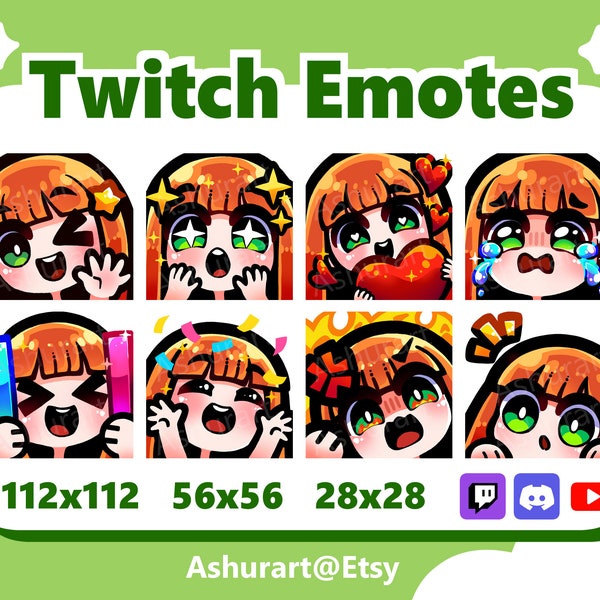 Cute Chibi Girl Twitch, YouTube, Discord Emote Pack / Straight Ginger Red Hair, Bangs, Green Eyes, Fair Skin / Kawaii, Anime, Stream Set