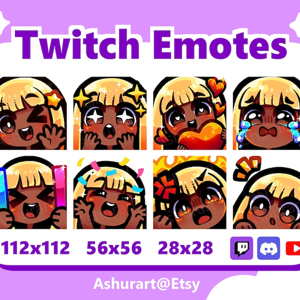 Cute Chibi Girl Twitch, YouTube, Discord Emote Pack / Straight Blond Hair, Bangs, Brown Eyes, Dark Skin / Kawaii, Anime, Premade Stream Set