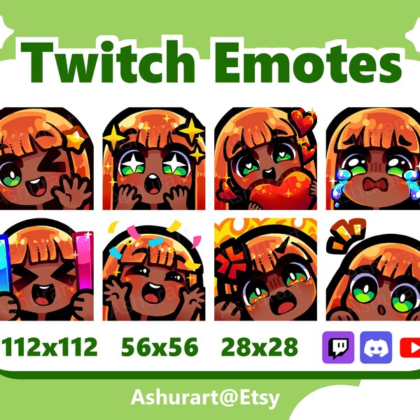 Cute Chibi Girl Twitch, YouTube, Discord Emote Pack / Straight Ginger Red Hair, Bangs, Green Eyes, Dark Skin / Kawaii, Anime, Stream Set