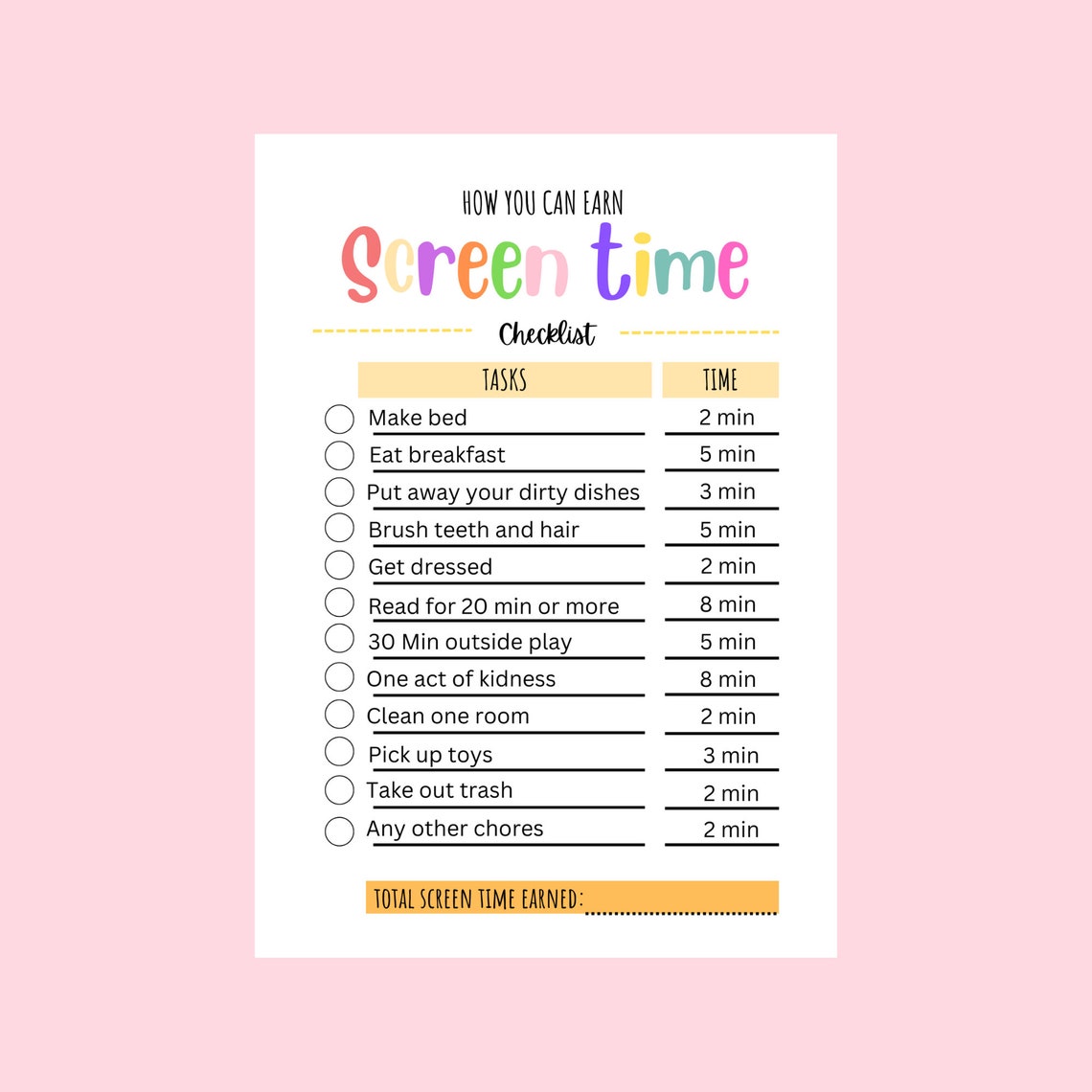 Earn Screen Time With Chores for Kids, Editable Chore Chart ...