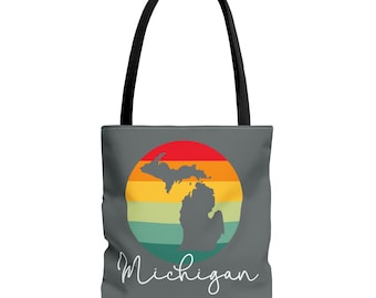 Retro Rainbow Michigan silhouette Tote Bag | State outline tote