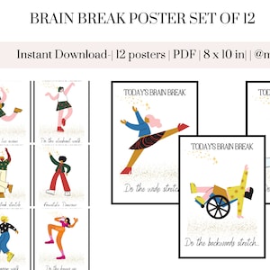 May include: A set of 12 printable brain break posters featuring colorful illustrations of people doing different exercises. The posters are designed to encourage movement and physical activity for kids. Each poster includes the text "TODAY'S BRAIN BREAK" and a short description of the exercise, such as "Do the wide stretch" or "Do the giants leap."