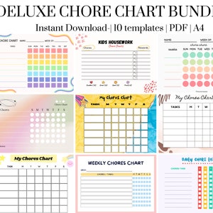 May include: A set of 10 printable chore charts in PDF format. The charts feature different colorful designs and layouts, including a rainbow design, a yellow and blue design, and a pink and green design. The charts are designed for kids and include sections for tasks, days of the week, and rewards.