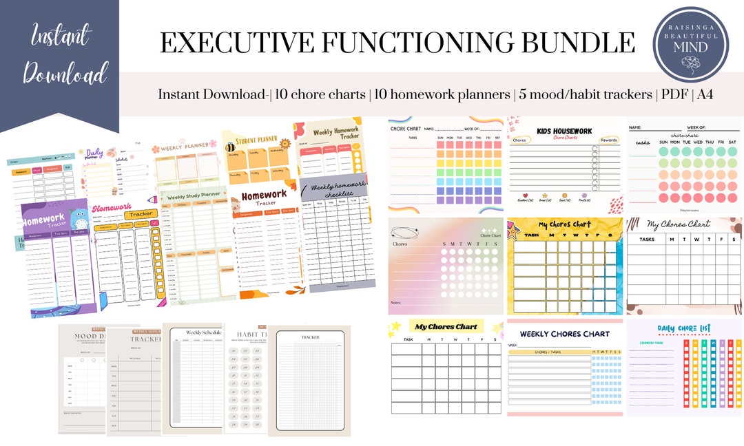Executive Functioning Mega Bundle, Homework Planners, Chore Charts, Mood and Habit Trackers