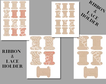 Digital Ribbon and Lace Holder, Printable Kit, Bobbin, Junk Journal Supplies, Sewing, Crafting, DIY, Organize, 4 Pages