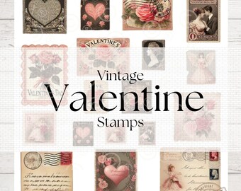 Valentine postzegels, Faux, Junk Journal, Roze, Valentijnsdag, Decoratie, Kit, Sticker, Label, Kaart, Boksen, Ephemera, Liefde, Afdrukbare, Downloaden, Roze, Valentijnsdag, Decoratie, Kit, Sticker, Label