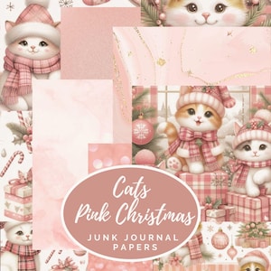 Katzen Rosa Weihnachten Junk Journal Papiere | Vintage Urlaub Printables (Digitaler Download)