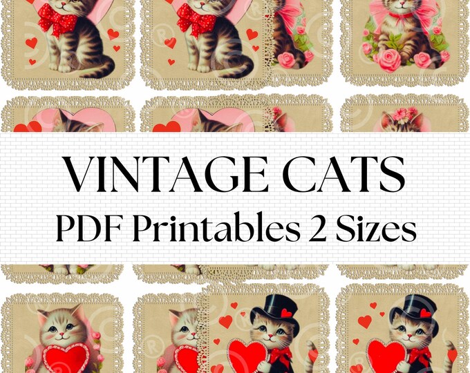 Cats Vintage Valentine PDF Printables, Cute Cat, Cat Cutouts, Cat Valentines, Cat theme, Valentine Cat Cards, Junk Journal Ephemera PDF