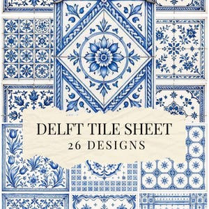 May include: A collection of 26 square tiles featuring blue and white floral and geometric patterns. The central overlay displays the text DELFT TILE SHEET 26 DESIGNS on a cream-colored background. Each tile showcases intricate blue ink illustrations.