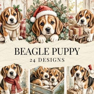 Puede incluir: Una colección de 24 ilustraciones digitales que muestran cachorros beagle en varios entornos festivos, incluyendo cachorros con bufandas, gorros de Papá Noel y cajas de regalo, con el texto BEAGLE PUPPY 24 DESIGNS.