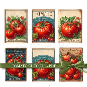 Puede incluir: Una colección de ilustraciones de tomates de estilo vintage. Cada tarjeta presenta un tomate rojo vibrante con hojas y tallos verdes. Algunas tarjetas incluyen texto como "Tomato Cutouts PDF" y "Cherry Tomatoes".