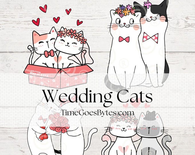 Wedding Cats PDF, Cute Cat Wedding Printables, Cat Cutouts, Decor, Tags, Love, Cat theme, gift, invitations, stickers, clipart, koozie, love
