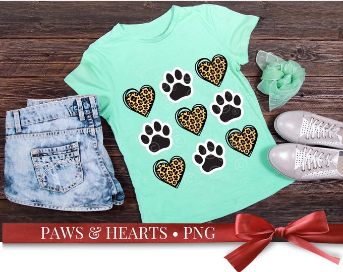Cat Paws with Leopard Hearts PNG | Cute Cat Mom Clipart for Shirts and Crafts | Paws & Hearts Digital Design Download