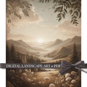May include: Digital landscape art print featuring a sepia-toned mountain range scene with a sunrise or sunset. The image includes trees, fields, and the text "DIGITAL LANDSCAPE ART • PDF" on a dark ribbon.