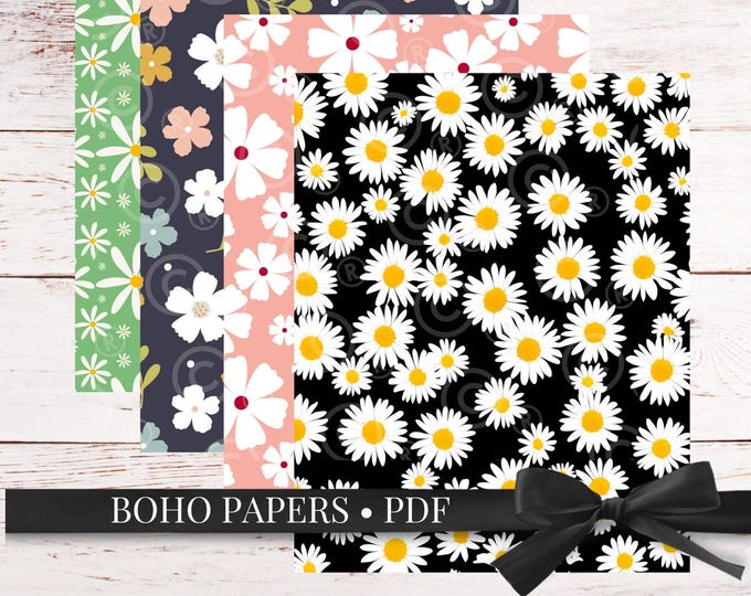 Boho Printable Paper Pack – 8 Daisy Floral Designs – Instant Download, Junk Journal Papers