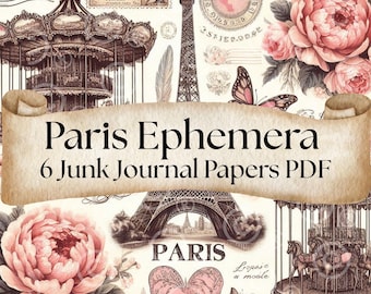 May include: A collage of vintage Parisian-themed ephemera, including a carousel, Eiffel Tower, postage stamps, and floral elements. The text "Paris Ephemera" and "6 Junk Journal Papers PDF" are displayed on a scroll.