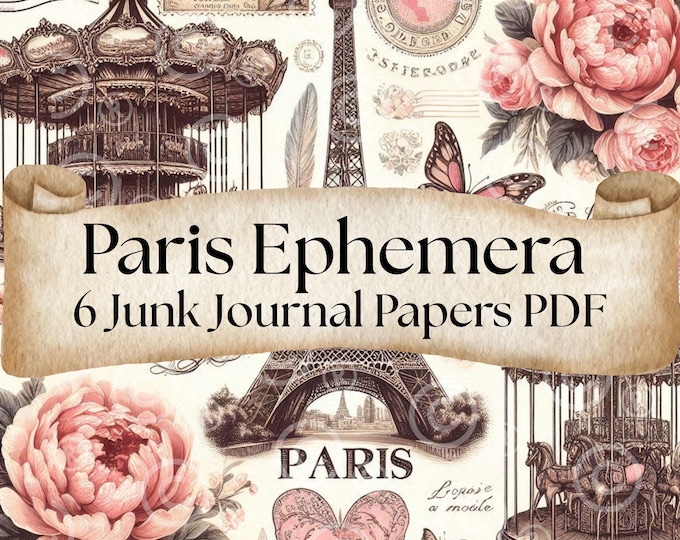 Paris Junk Journal Papers – Printable Digital Kit | French Ephemera Backgrounds, Vintage Rose Paper, Shabby Chic Collage Sheets