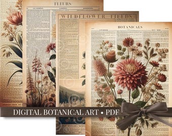ヴィンテージ植物画セット：アンティーク調の花柄ウォールアート（PDFダウンロード）