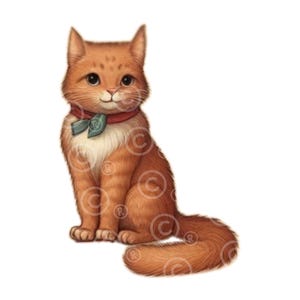 May include: A detailed illustration of a ginger cat, wearing a red collar and a teal bow tie. The cat is depicted in a seated position with its tail curled. The artwork has a soft, inviting style and is set against a white background.