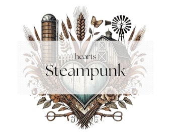 Steampunk Farmhouse Hearts Clipart, Junk Journal Graphics (PNG, JPG)