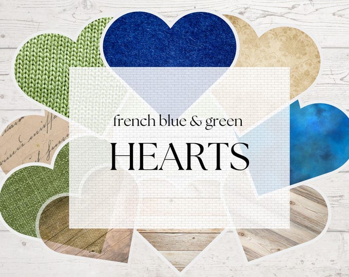 21 Hearts French Blue and Green Ephemera JPG and PDF | Valentine Hearts Ephemera Scrapbook Clipart | French Blue Wedding Hearts Junk Journal