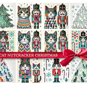 Op de afbeelding: Een verzameling kerstkaarten met kattenillustraties en notenkrakerontwerpen. De kaarten tonen katten in feestelijke kleding, notenkrakers en kerstbomen in de vorm van katten. De tekst "CAT NUTCRACKER CHRISTMAS" staat op een rood lint.