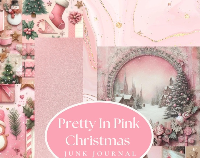 Pretty in Pink Christmas Junk Journal Kit | Vintage Pink Holiday Ephemera | Digital Printable Christmas Paper Pack, Shabby Chic Journal Page