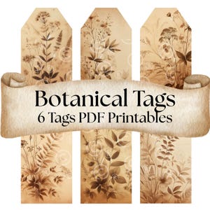 Afdrukbare vintage tags – naadloze botanische bloemen, ontwerpen voor verouderd papier voor tijdschriften, met thee bevlekte digitale tags, cadeaukaartjes huwelijksbedankje