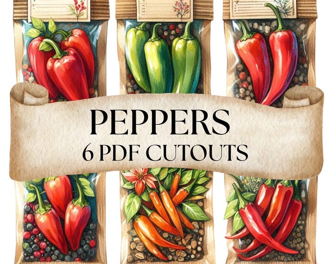 Pepper Seeds Packet Cutouts PDF, Garden Printables, Pepper Garden Art, Pepper Seeds, Kids Crafts, Gardening Junk Journal Ephemera,  Peppers