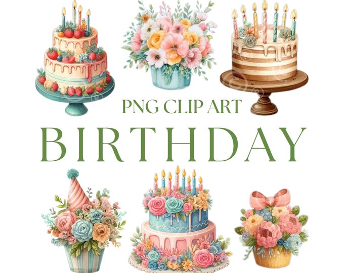Birthday PNG Clipart, Happy Birthday Clipart, Birthday png Bundle, Cakes PNG, Birthday Flowers, Birthday DIY Elements