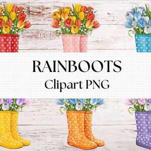 Könnte beinhalten: Ein Set mit zehn digitalen Clipart-Bildern von Gummistiefeln mit Blumen in verschiedenen Farben. Die Stiefel sind alle gepunktet und die Blumen sind in verschiedenen Farben, darunter Rot, Gelb, Blau, Orange und Lila. Die Bilder sind perfekt zum Erstellen von digitalen Bastelarbeiten, zum Scrapbooking und für andere kreative Projekte.