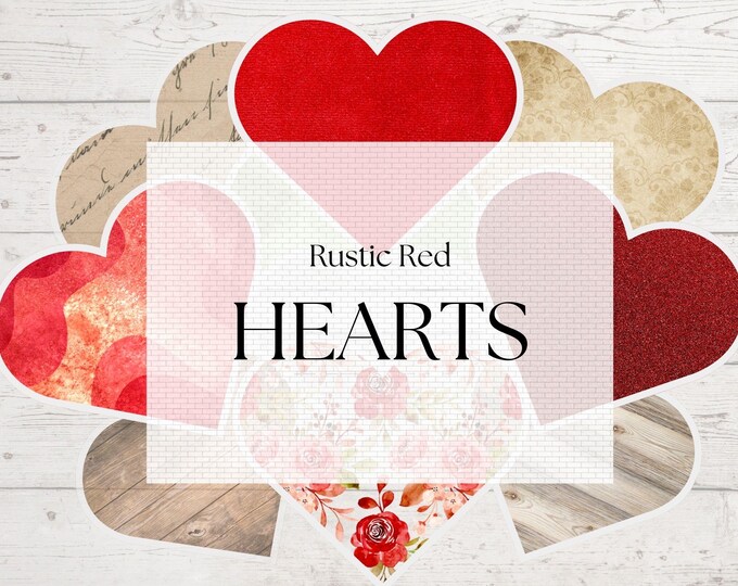 21 Red Hearts Ephemera Kit JPG and PDF | Rustic Valentines Hearts Ephemera Scrapbook Clipart | Rustic Red Wedding Hearts Junk Journal Kit