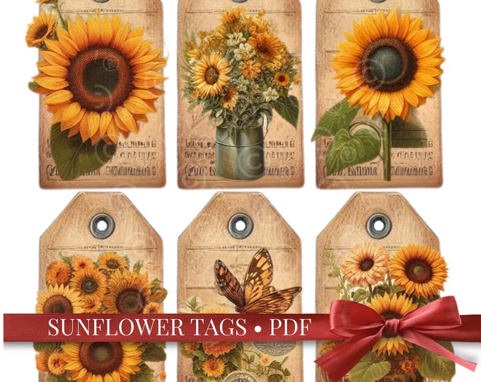 Sunflower Junk Journal Tags – Summer Garden Ephemera, Printable Vintage Floral Tags for Scrapbooking, Cottagecore Crafts & Journals