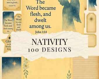 Puede incluir: Una colección de diseños de papel digital con fondo amarillo, siluetas de ángeles en acuarela azul, detalles florales y texto que incluye "The Word became flesh, and dwelt among us. John 1:14" y "NATIVITY 100 DESIGNS" sobre una capa de papel rasgado.