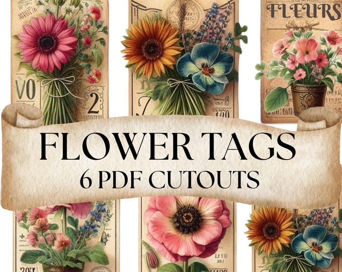Flower Tags PDF Cutouts, Vintage  Flower Printables,  Summer Flowers, Seeds, Flower Crafts, Garden Junk Journal Ephemera, Vintage Tags