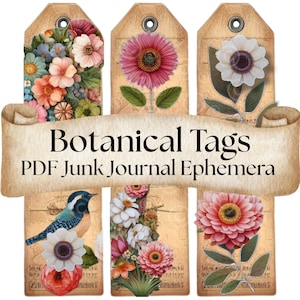 Afdrukbare botanische tags - tags voor bloemen en verouderd papier voor tijdschriften, met thee bevlekte digitale tags, kortstondige, vintage tags voor rustieke bruiloften